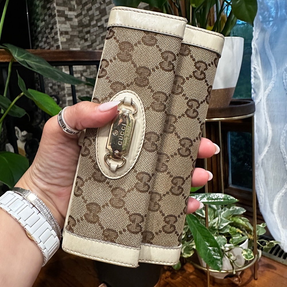 Gucci Beige Monogram Canvas Continental Wallet with Cream Trim